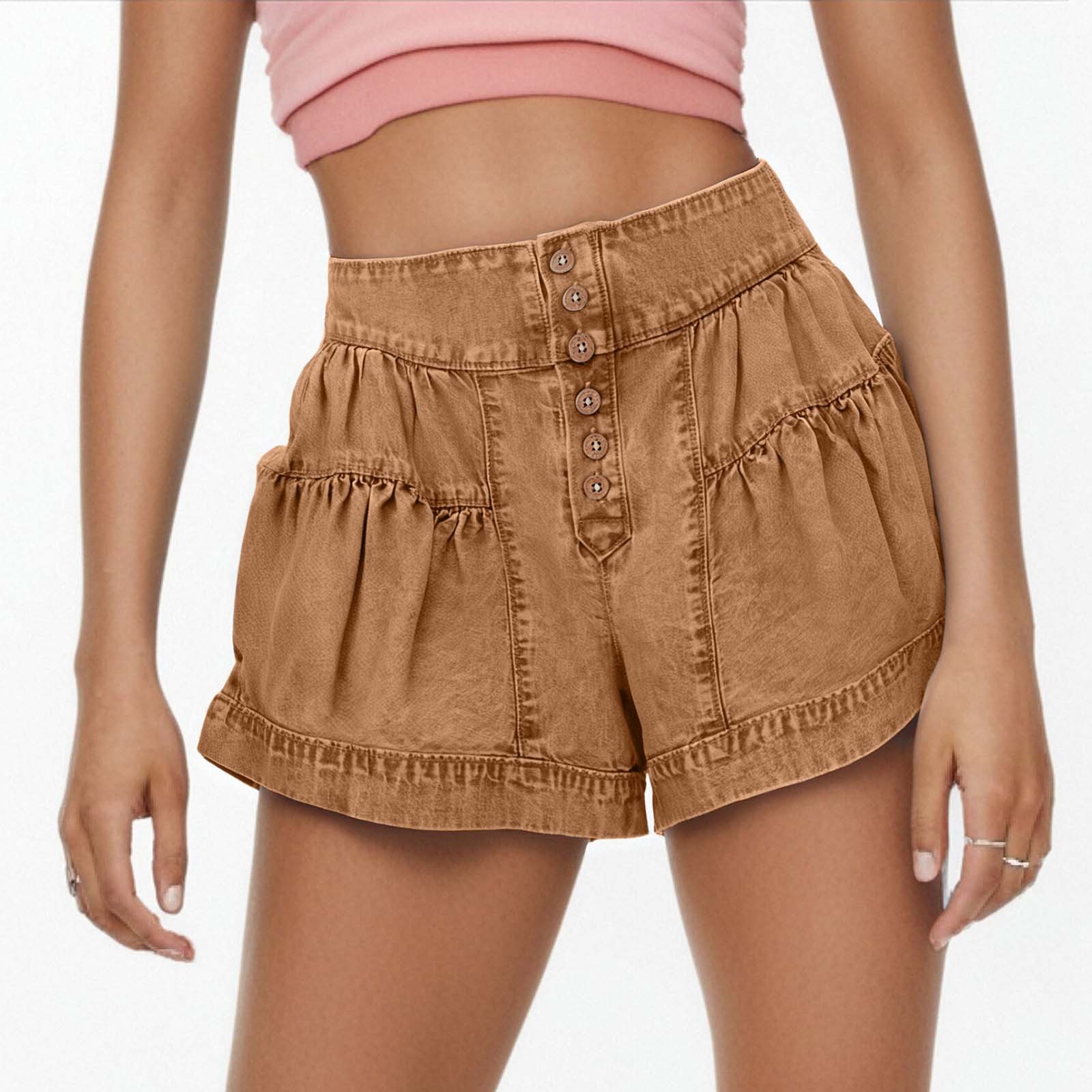 thumbnail image 4 of Pantalones cortos vaqueros con volantes y bolsillos para mujer, con cintura elástica, ligeros y cómodos, ideales para el verano., 4 of 6